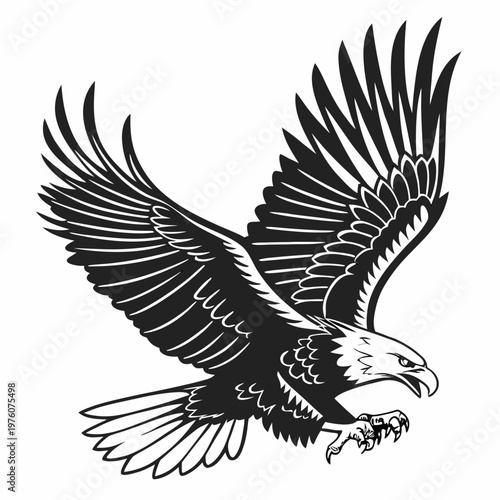 A black and white vector graphic illustration of an eagle in flight with its wings spread wide