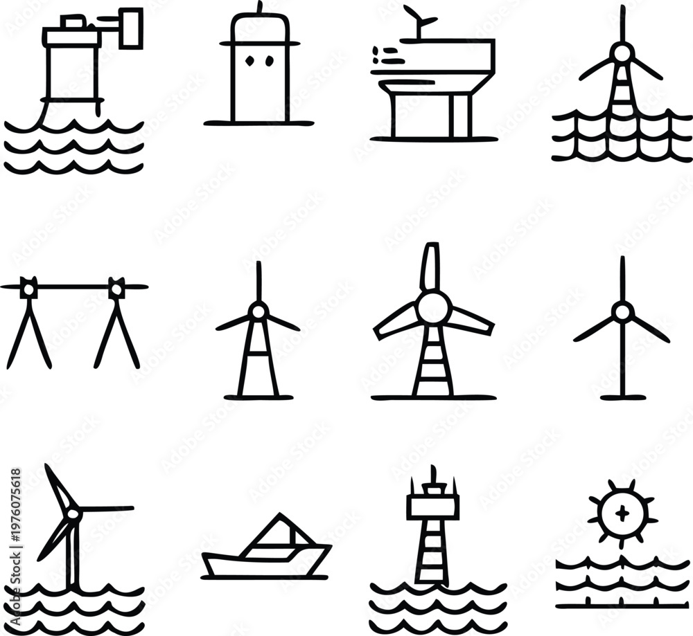 Naklejka premium A comprehensive set of line art icons depicting various aspects of marine and energy infrastructure, showcasing the interconnectedness of different types of constructions.
