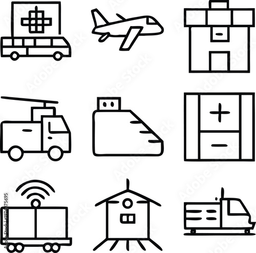 Transportation and essential service icons arranged in a clean, modern aesthetic. conveying functionality and information with minimalist design, perfect for various visual applications.