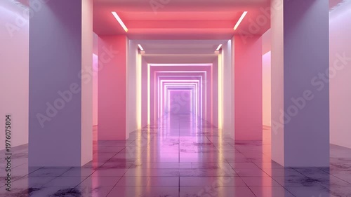 Neon illuminated futuristic tunnel interior with dynamic lighting, abstract motion through geometric corridor, and vibrant reflections on floor creating seamless loop.