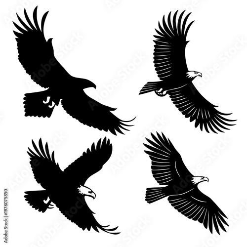 A set of four black eagle silhouettes flying in different directions on a white background