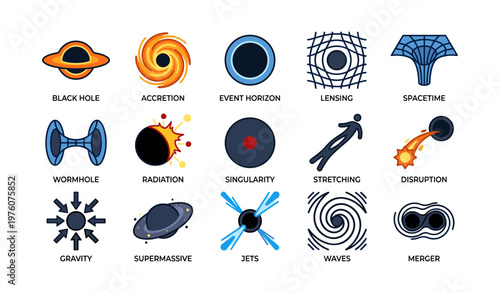 Cosmic phenomena icons illustrating black hole, accretion, event horizon, and more