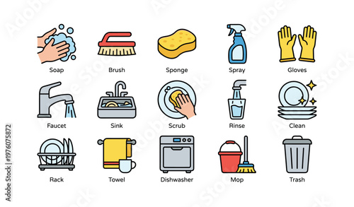 Colorful icons of cleaning supplies and kitchenware for home maintenance