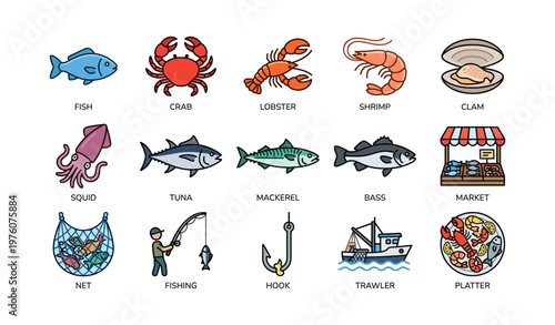 Variety of seafood icons featuring fish, crab, lobster, shrimp, clam, and fishing elements