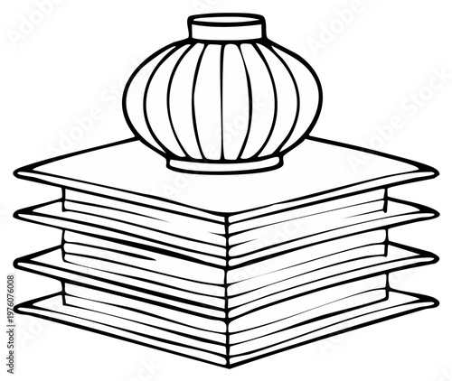 Stylized inkwell rests atop a stack of flat square objects in a simple line drawing