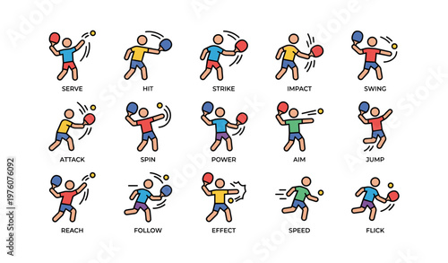Cartoon table tennis players engaging in dynamic actions and movements