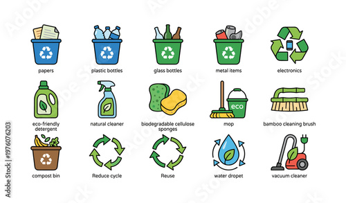 Eco-friendly recycling icons for sustainable living and waste management
