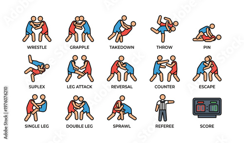 Illustrated wrestling techniques and movements with referee and scoreboard