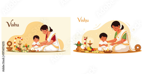 Indian cultural vishu festival celebration showing traditional mom and child bonding in festive home with flowers, lamps, and prosperity ritual illustration.