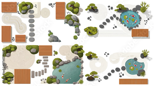 Top view zen garden landscape with meditative outdoor furniture, architecture, and tranquil pond design creating peaceful balanced natural retreat scenery.
