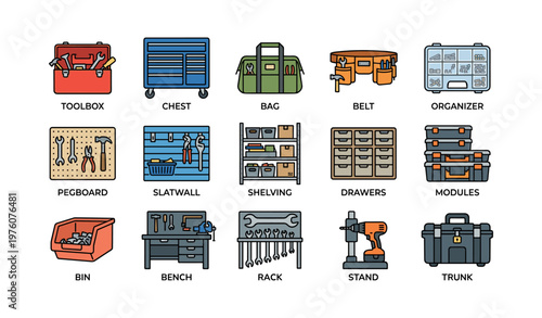 Illustrated collection of various tool storage solutions and organizers