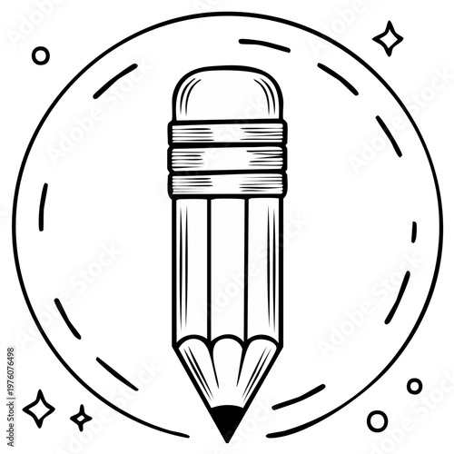 Cartoon pencil illustration with eraser and a decorative circle outline design, creative concept.