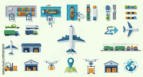 Diverse Transportation and Logistics Icons Representing Global Supply Chain.