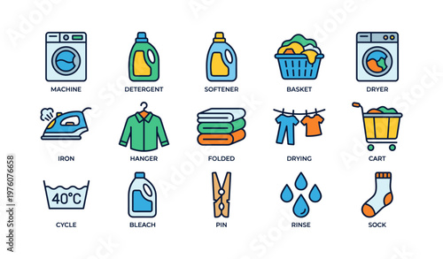 Illustrated icons of laundry equipment and supplies in vibrant colors