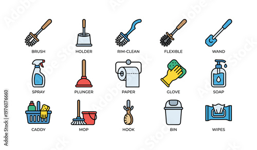 Household cleaning tools and supplies collection with various brushes and accessories