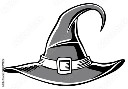 Classic witch hat with a wide brim and pointed crown decorated with a buckle