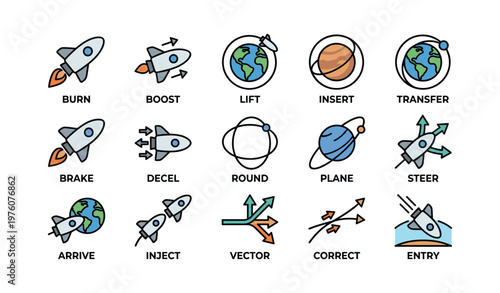Space rocket icons collection for various maneuvers and directions