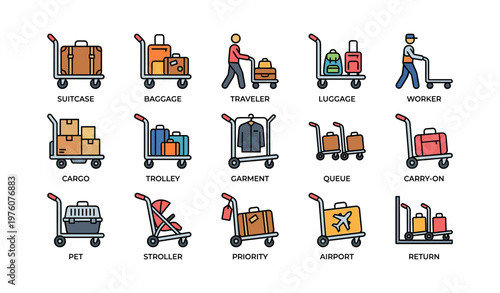 Travel and transport icons featuring luggage, trolleys, and travelers