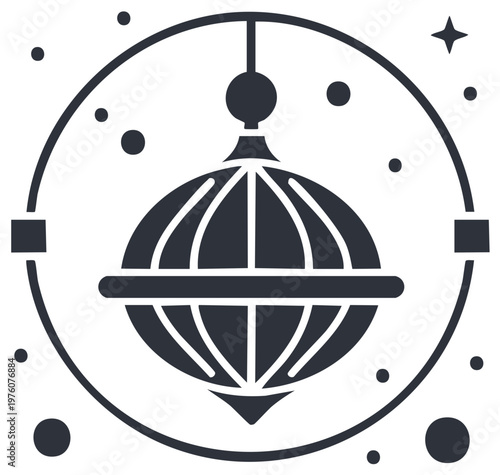 Dark abstract celestial lantern icon with orbital ring and shimmering cosmic stars