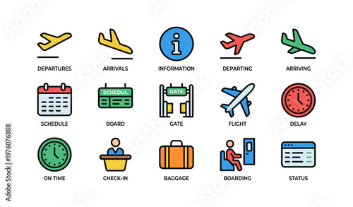 Colorful airport symbols depicting travel and flight information