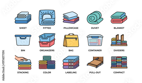 Colorful linen organization tips with bins, dividers, and labels