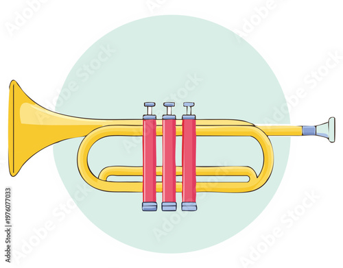 Cartoon illustration of a yellow trumpet with pink valves on a green background circle
