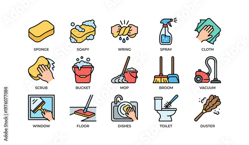 Cleaning tools and methods: sponge, spray, vacuum, mop, broom icons