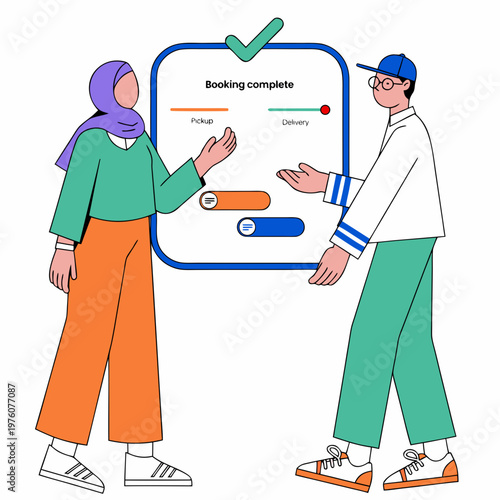 Flat 2D vector illustration of a customer and delivery person completing an online booking process with a checklist and progress bar indicating pickup and delivery status