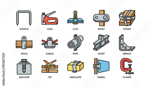 Assorted fasteners and tools icon set: staple, gun, clip, rivet, strap, joint, brace
