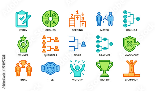 Tournament icons illustrating stages: entry, groups, seeding, match, knockout, trophy, victory, champion