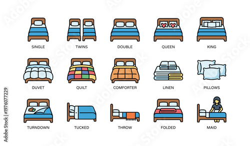 Variety of bed types and bedding styles illustrated