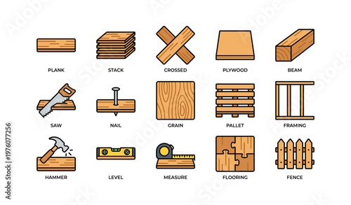 Woodworking tools and materials icons: plank, plywood, saw, hammer, level