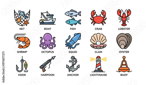Sea-themed icons: net, boat, fish, crab, lobster, and more