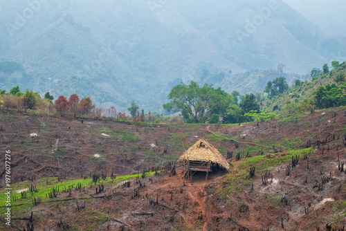Wooden hut cabin in mountain at Thailand.