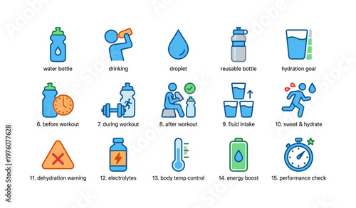 Icons illustrating hydration tips during workout with symbols and activities