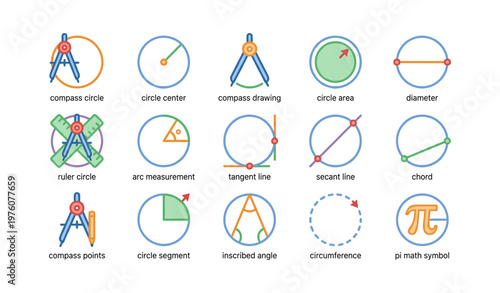Mathematics icons: geometry tools and shapes in colorful design
