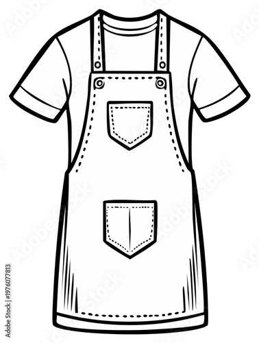 Coloring page of t shirt with bib overalls, drawing for kids of clothing with pockets