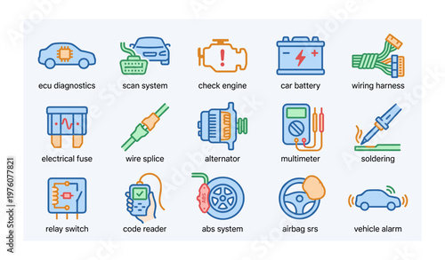 Automotive diagnostic icon set with ecu, check engine, battery, and more tools