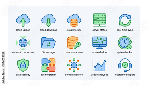 Cloud computing icons: upload, download, sync, security, analytics