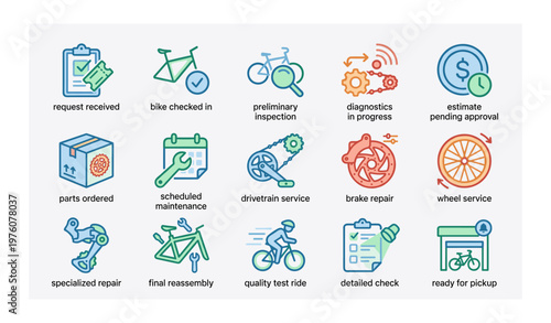 Bicycle maintenance process with service icons for repair and inspection stages