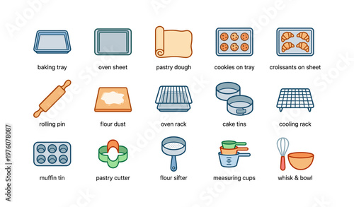 Kitchen baking tools and equipment set with tray, dough, cutters, tins, and whisk