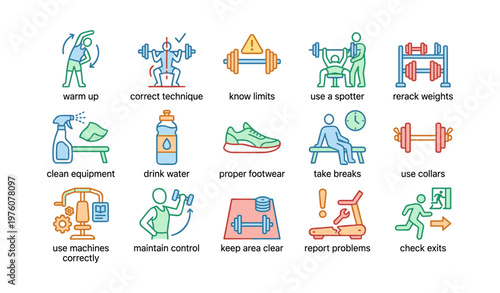 Essential gym safety practices illustrated in colorful icons for effective workouts