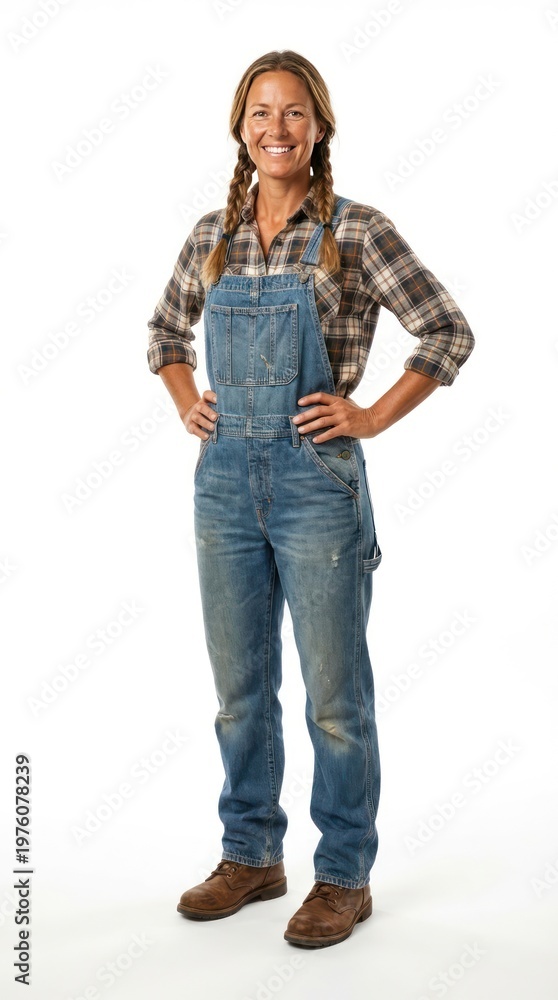 Fototapeta premium Woman smiling, wearing overalls and a plaid shirt.
