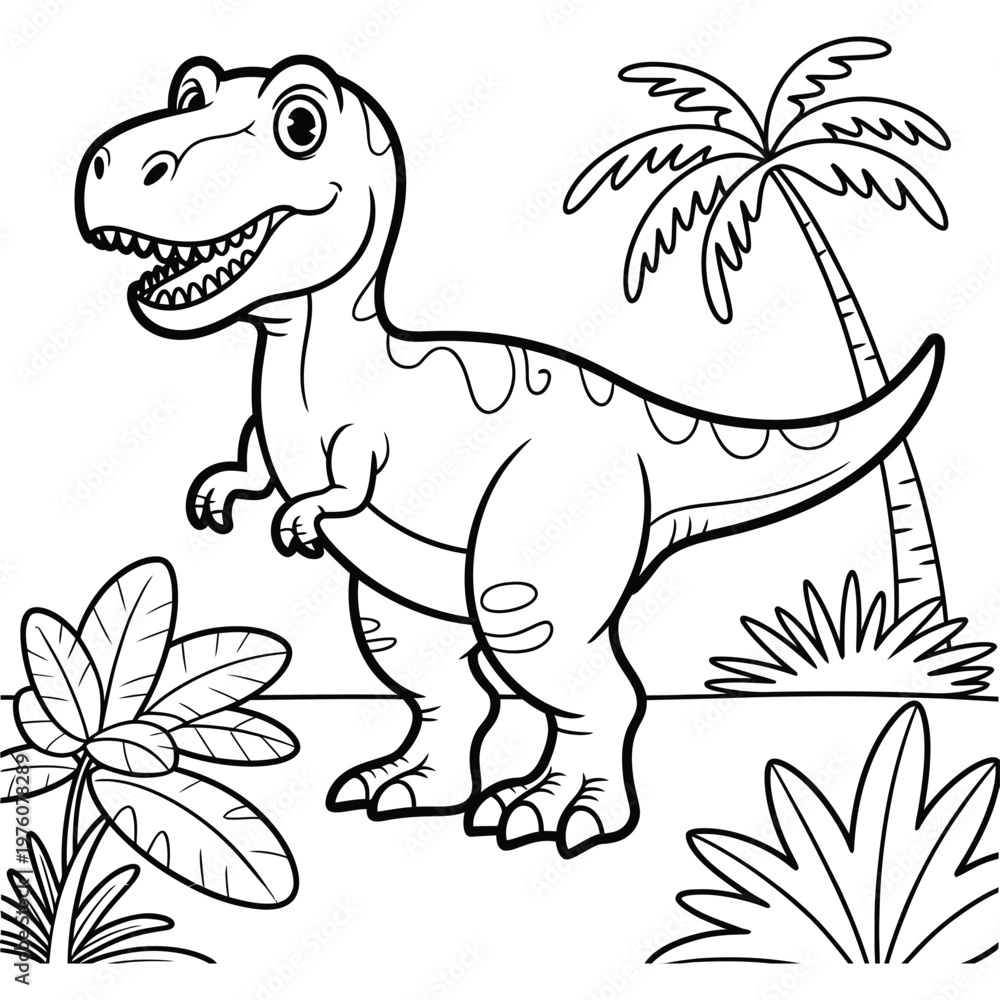 Obraz premium Prehistoric dinosaur coloring book illustration with large trex palm trees and tropical plants vector line art for children fun.