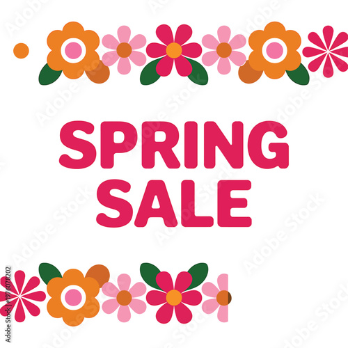 Spring sale floral banner with colorful flowers and pink text on transparent background seasonal promotion graphic vector design.