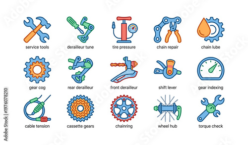 Bicycle repair icons: tools, derailleur, tire pressure, chain, lubrication
