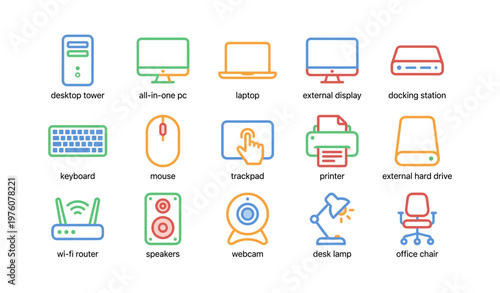 Colorful line icons of computer and office accessories