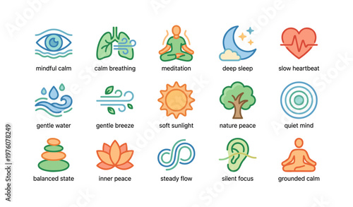 Mindful calm icons: meditation, nature, inner peace, relaxation symbols collection