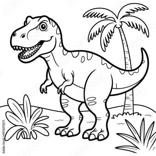 Tyrannosaurus rex dinosaur coloring page for kids with prehistoric landscape palm tree and plants vector line art illustration.