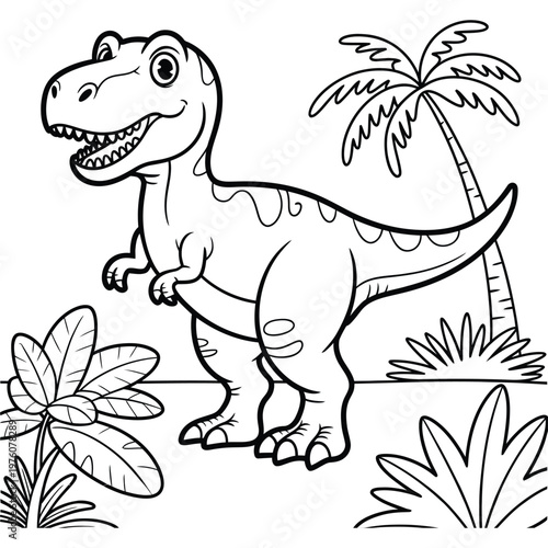 Prehistoric dinosaur coloring book illustration with large trex palm trees and tropical plants vector line art for children fun.